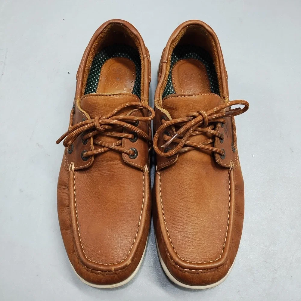 SAS Decksider Boat Shoes Men 11.5M Brown White Comfort Footbed Lace Up Round Toe